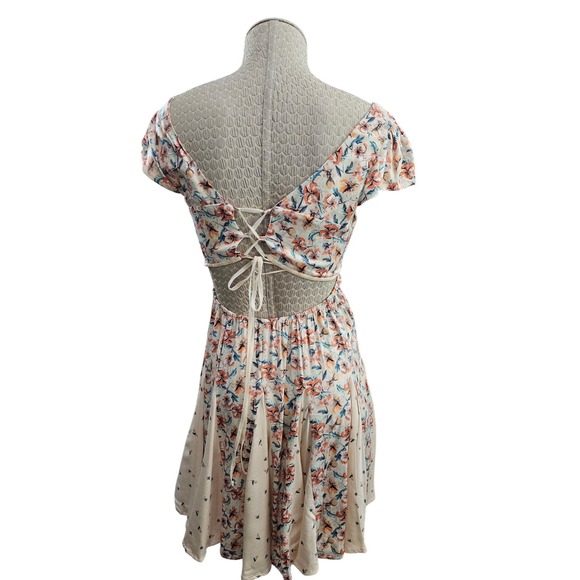 Free People Floral Ponderosa Cutout Godet Mini Dress Lace Up Back Large Boho EUC - Picture 4 of 9